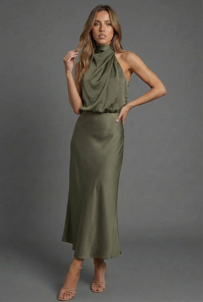 Vestido de Invitada de Boda Midi Elegante Cuello Halter con  Espalda Descubierta