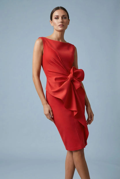 Vestido de Invitada de Boda Midi Elegante Entallado con Lazo