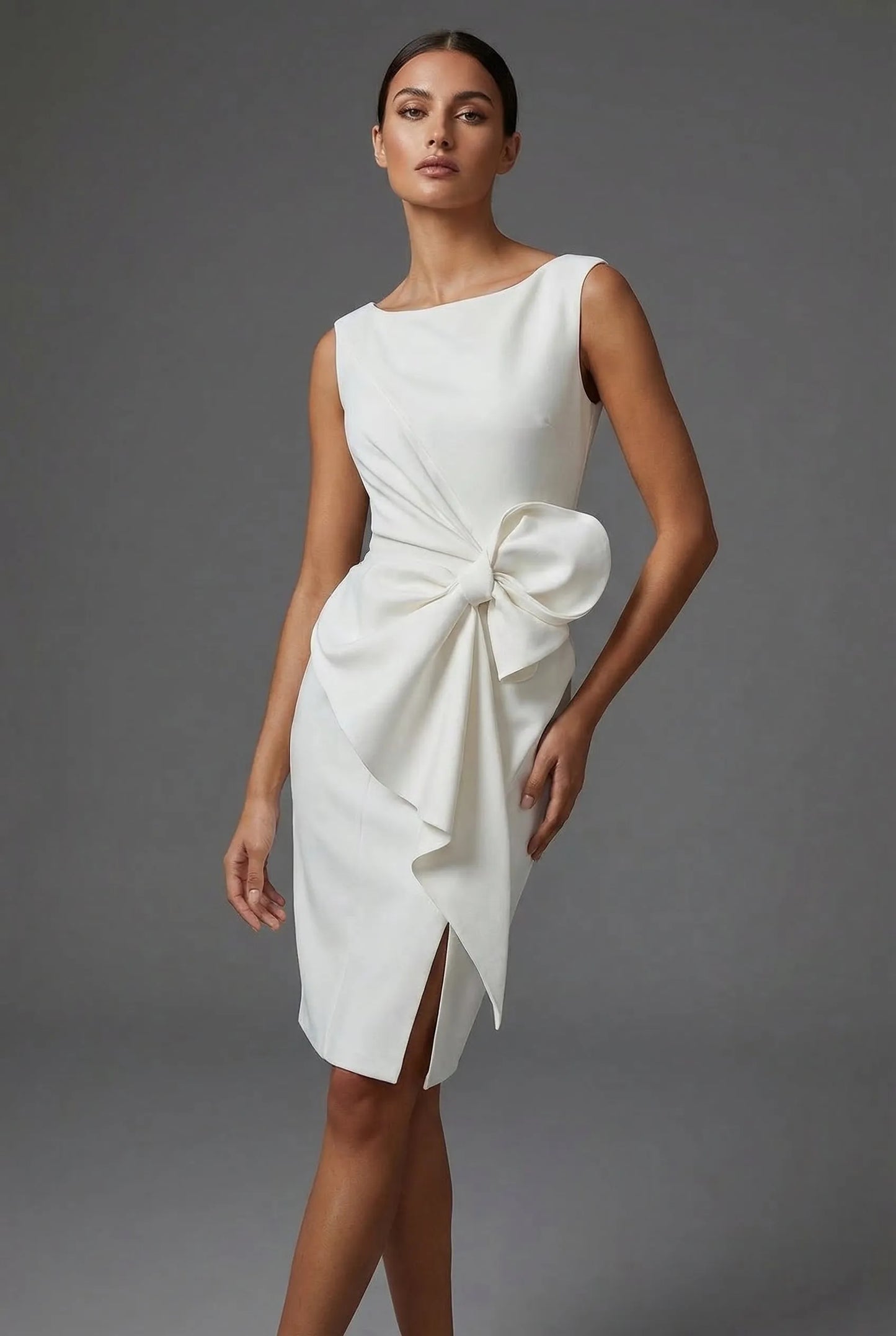 Vestido de Invitada de Boda Midi Elegante Entallado con Lazo