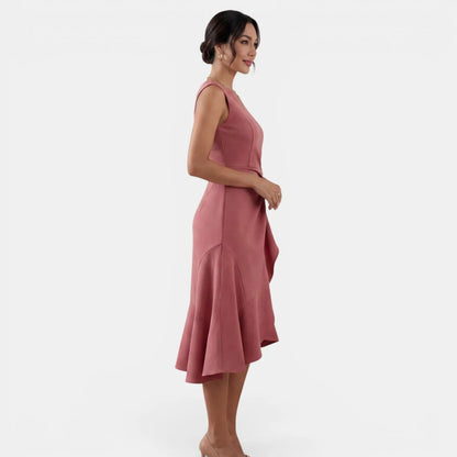Vestido de Invitada de Boda Midi Elegante Entallado con Volantes