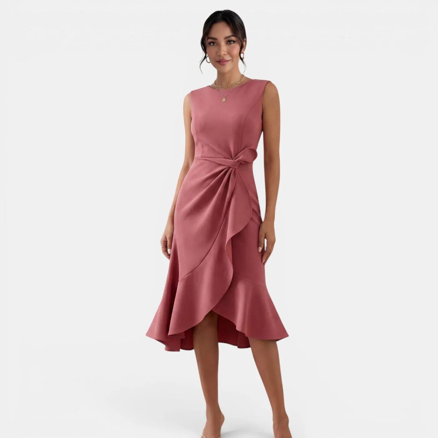 Vestido de Invitada de Boda Midi Elegante Entallado con Volantes