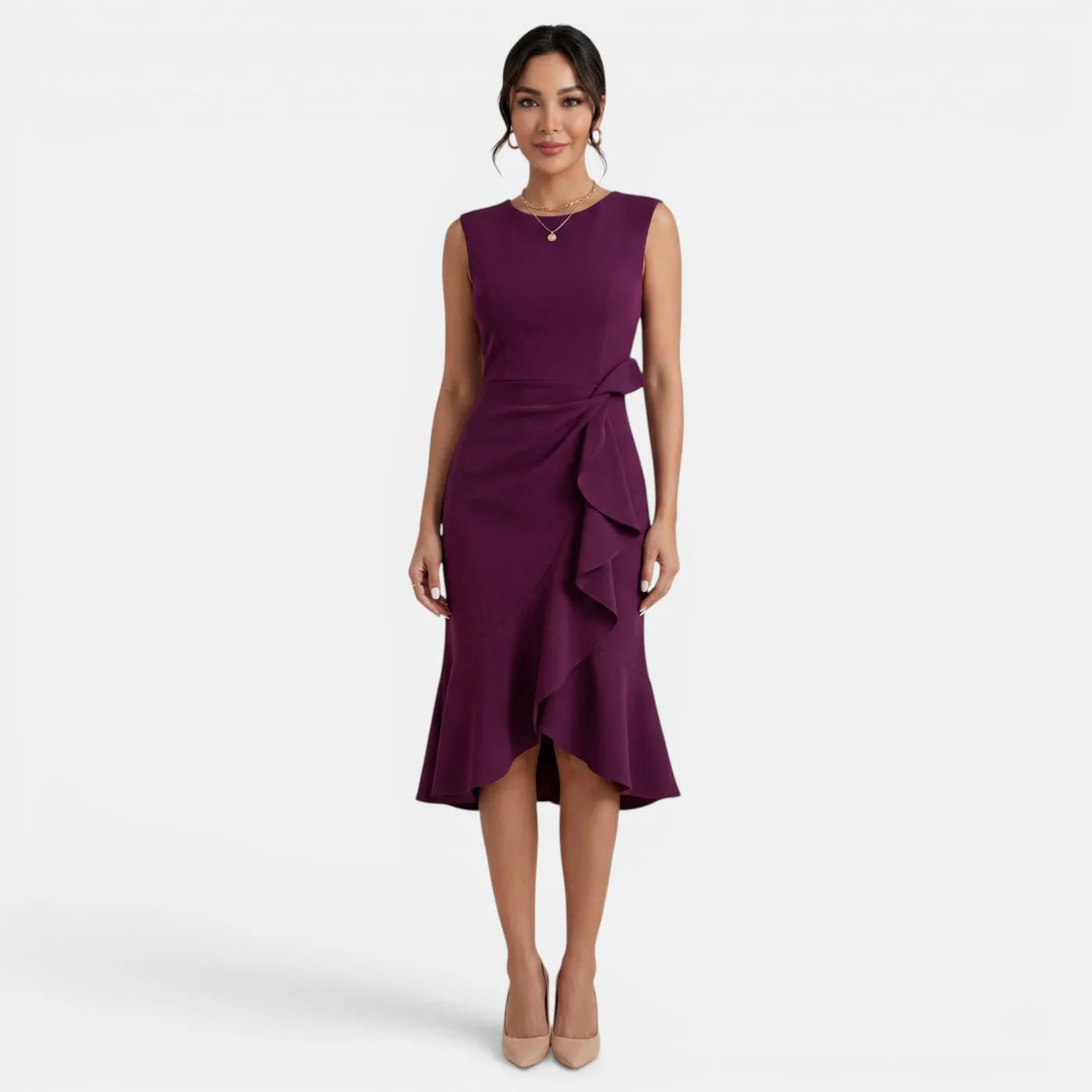 Vestido de Invitada de Boda Midi Elegante Entallado con Volantes