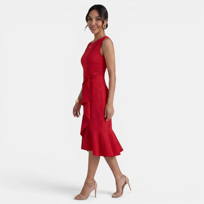 Vestido de Invitada de Boda Midi Elegante Entallado con Volantes