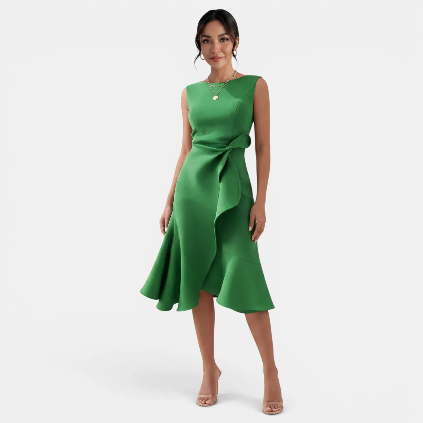 Vestido de Invitada de Boda Midi Elegante Entallado con Volantes