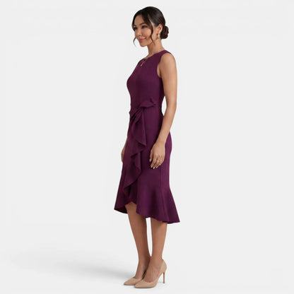 Vestido de Invitada de Boda Midi Elegante Entallado con Volantes