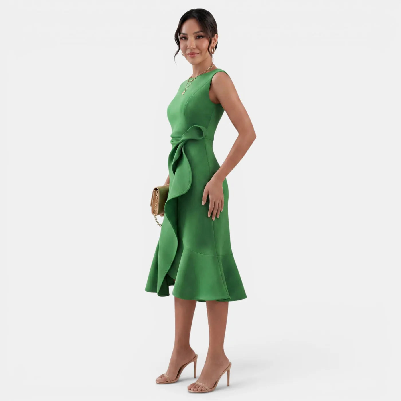 Vestido de Invitada de Boda Midi Elegante Entallado con Volantes