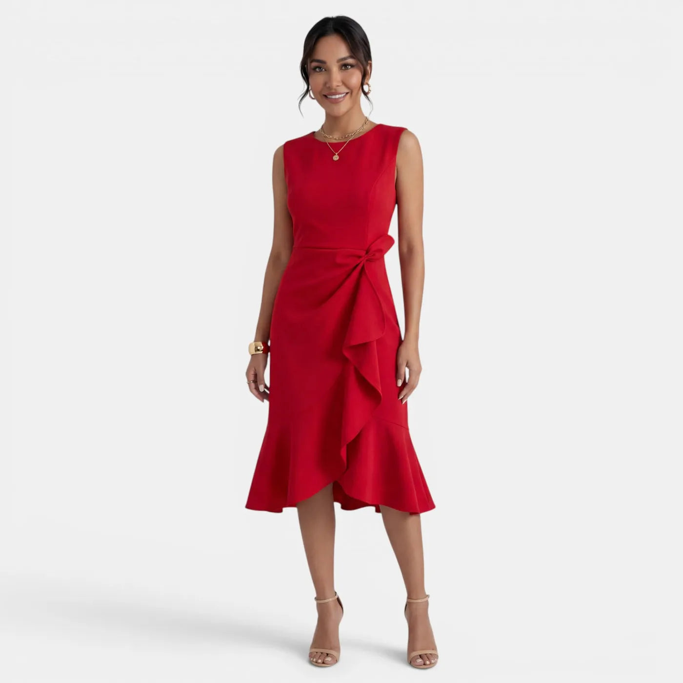 Vestido de Invitada de Boda Midi Elegante Entallado con Volantes