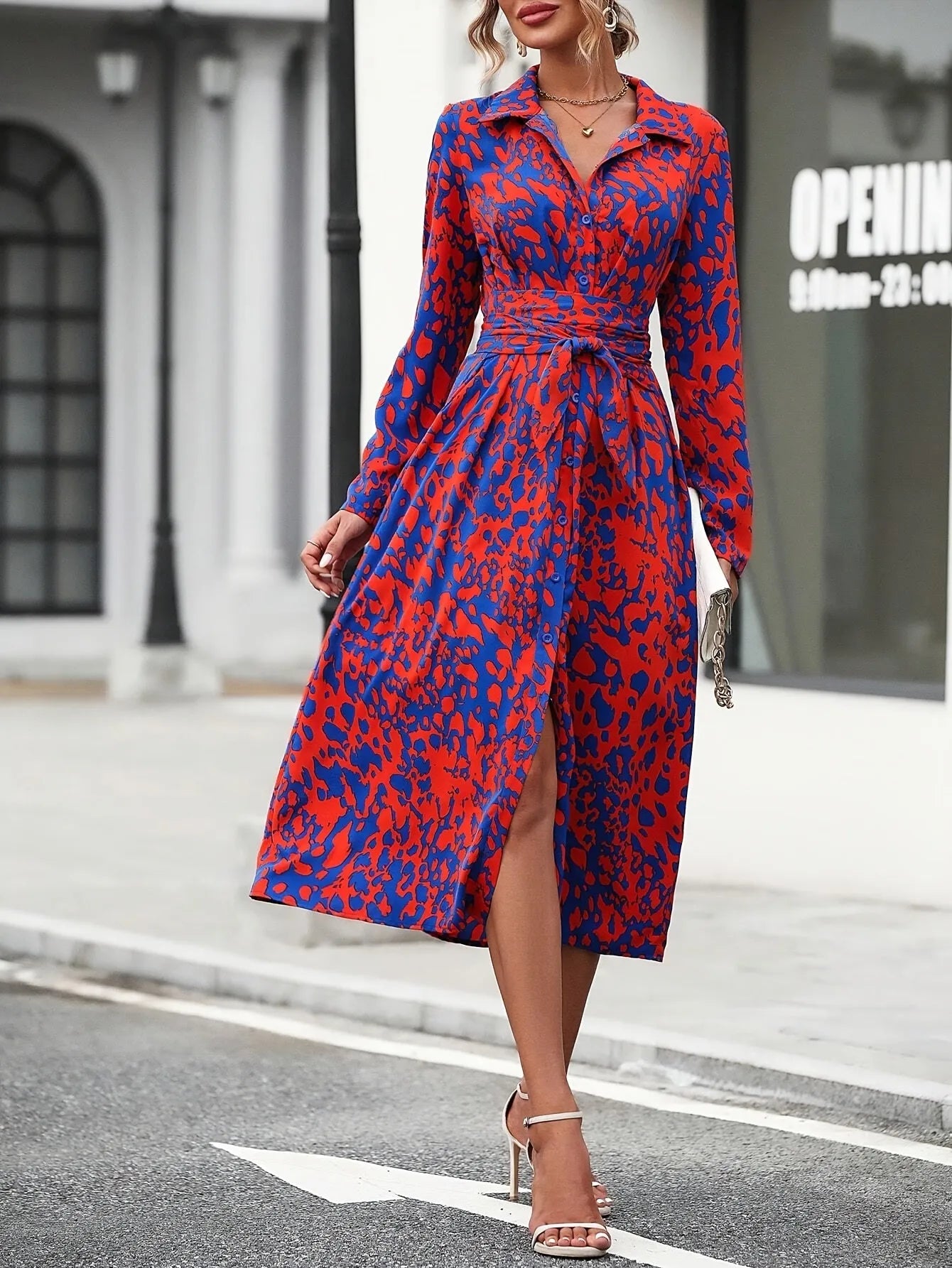 Vestido de Invitada de Boda Midi Elegante Estampado con Cinturón