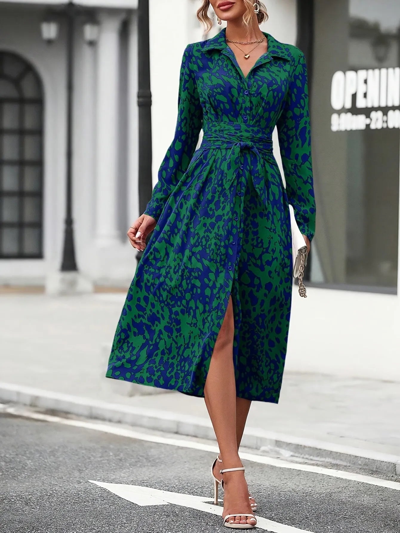Vestido de Invitada de Boda Midi Elegante Estampado con Cinturón
