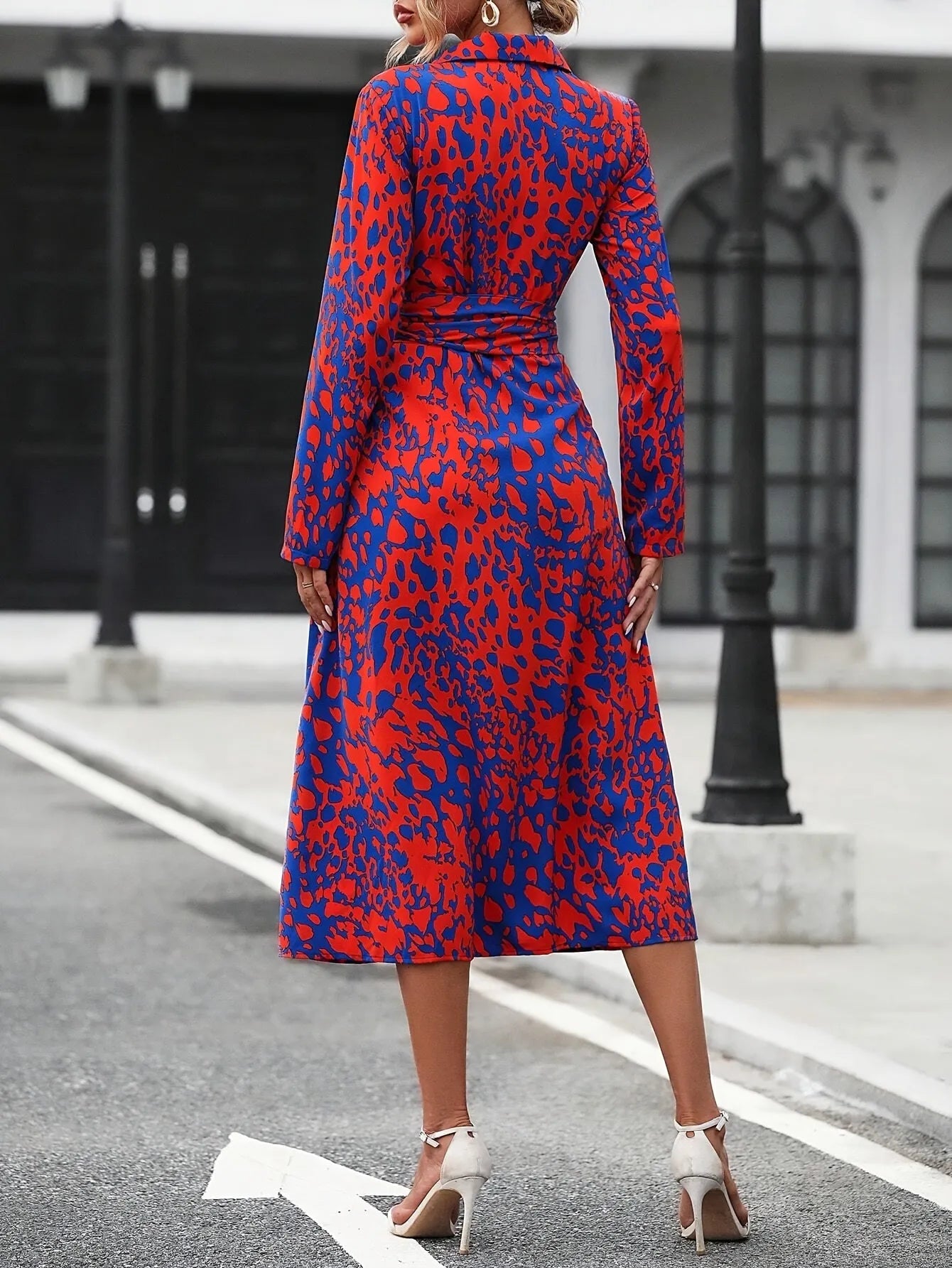 Vestido de Invitada de Boda Midi Elegante Estampado con Cinturón
