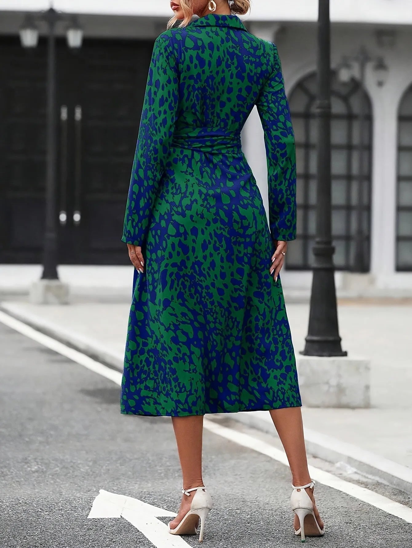 Vestido de Invitada de Boda Midi Elegante Estampado con Cinturón