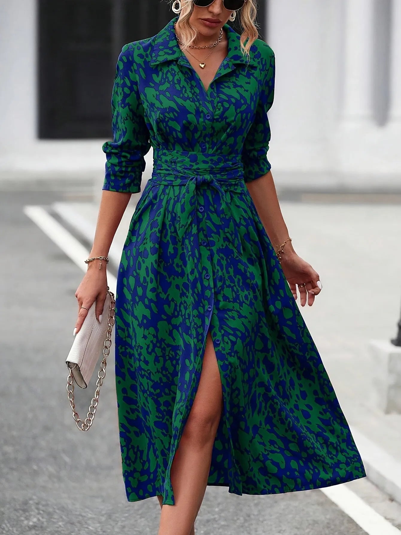 Vestido de Invitada de Boda Midi Elegante Estampado con Cinturón