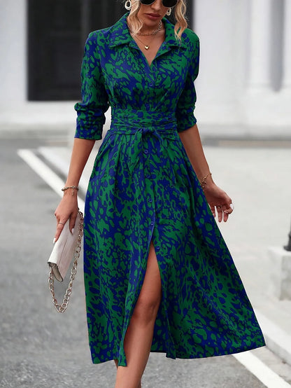 Vestido de Invitada de Boda Midi Elegante Estampado con Cinturón
