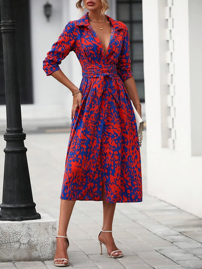 Vestido de Invitada de Boda Midi Elegante Estampado con Cinturón
