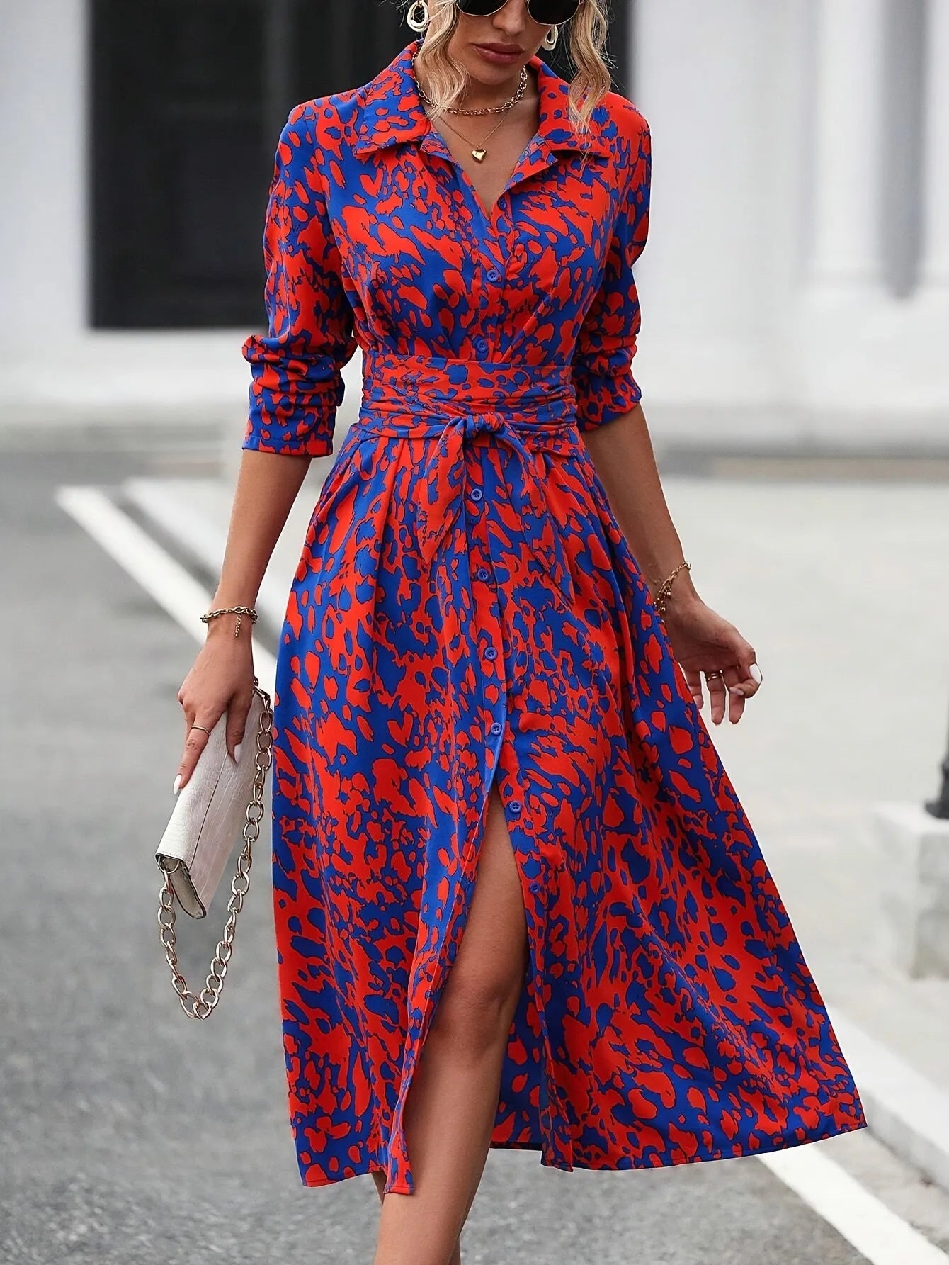 Vestido de Invitada de Boda Midi Elegante Estampado con Cinturón