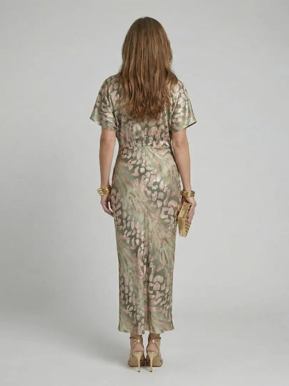 Vestido de Invitada de Boda Midi Elegante Estampado con Escote en V