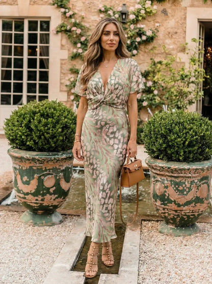 Vestido de Invitada de Boda Midi Elegante Estampado con Escote en V