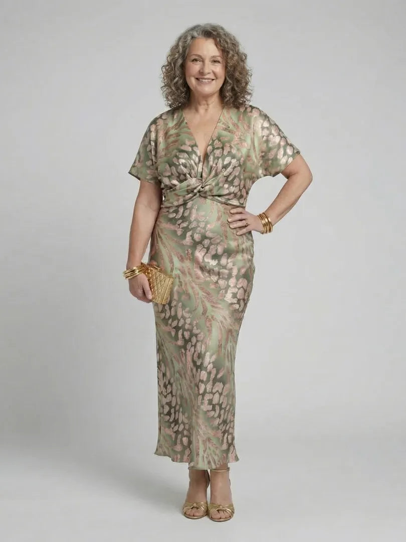 Vestido de Invitada de Boda Midi Elegante Estampado con Escote en V