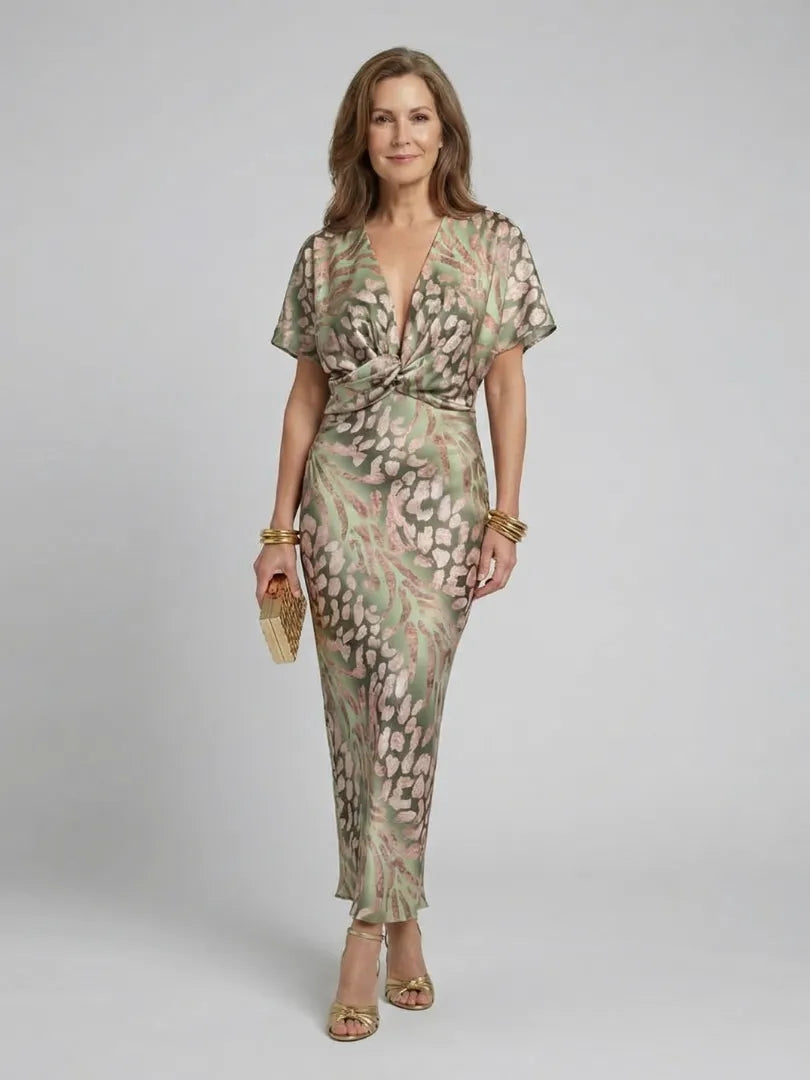 Vestido de Invitada de Boda Midi Elegante Estampado con Escote en V