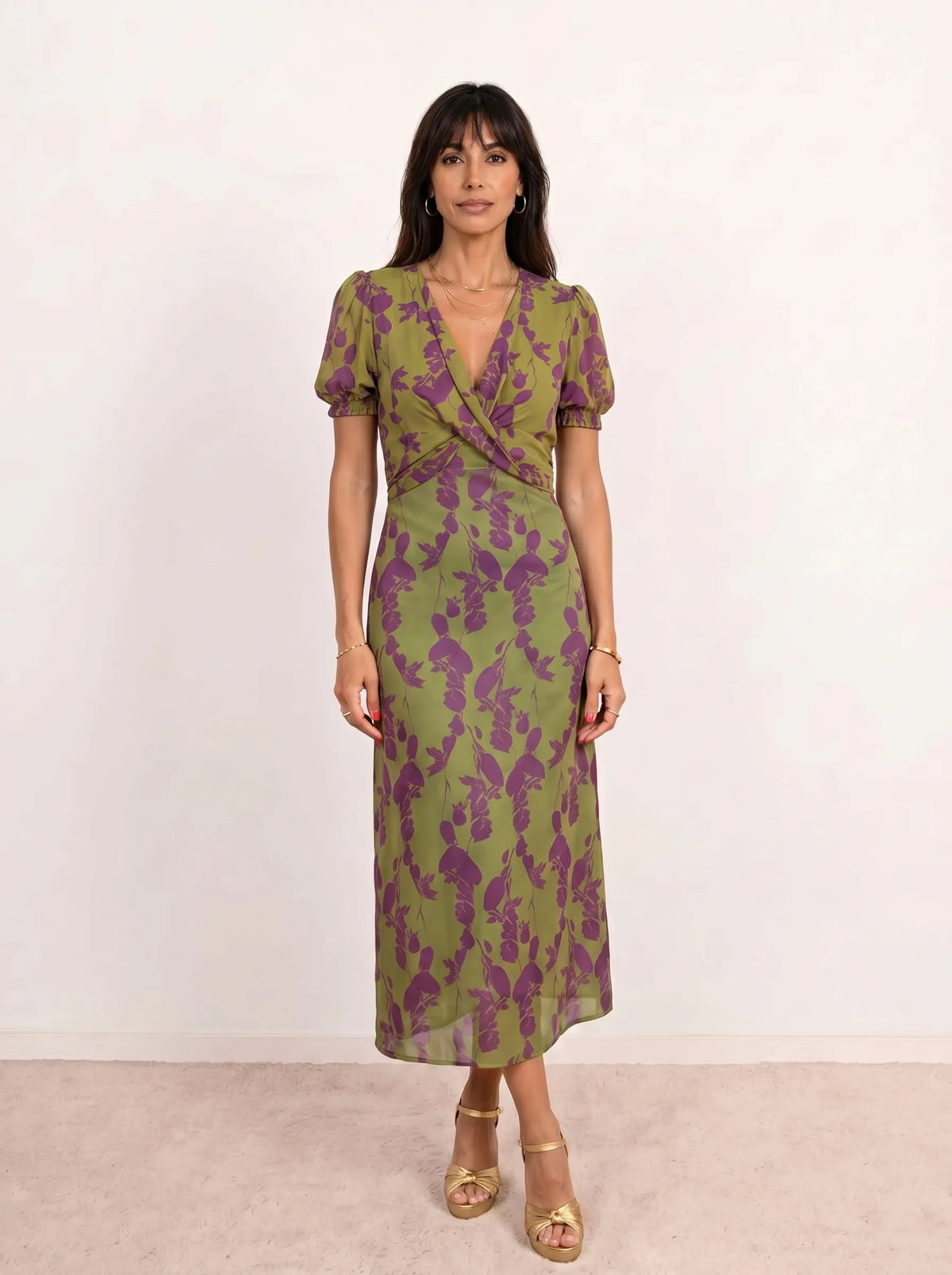 Vestido de Invitada de Boda Midi Elegante Estampado con Manga Corta
