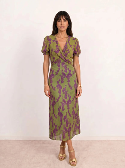 Vestido de Invitada de Boda Midi Elegante Estampado con Manga Corta