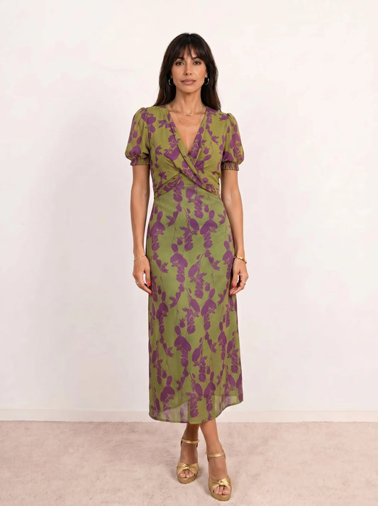 Vestido de Invitada de Boda Midi Elegante Estampado con Manga Corta