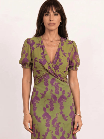 Vestido de Invitada de Boda Midi Elegante Estampado con Manga Corta