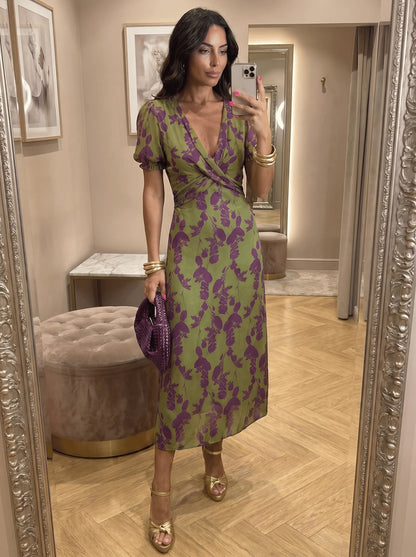 Vestido de Invitada de Boda Midi Elegante Estampado con Manga Corta