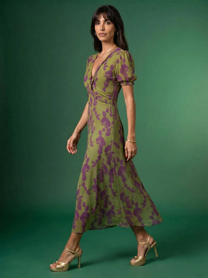 Vestido de Invitada de Boda Midi Elegante Estampado con Manga Corta