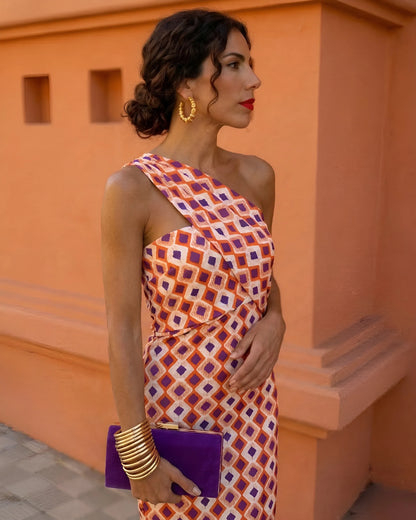 Vestido de Invitada de Boda Largo Elegante Estampado con Un Hombro