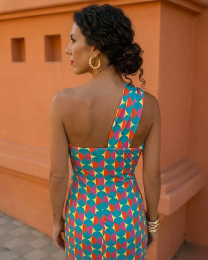 Vestido de Invitada de Boda Largo Elegante Estampado con Un Hombro