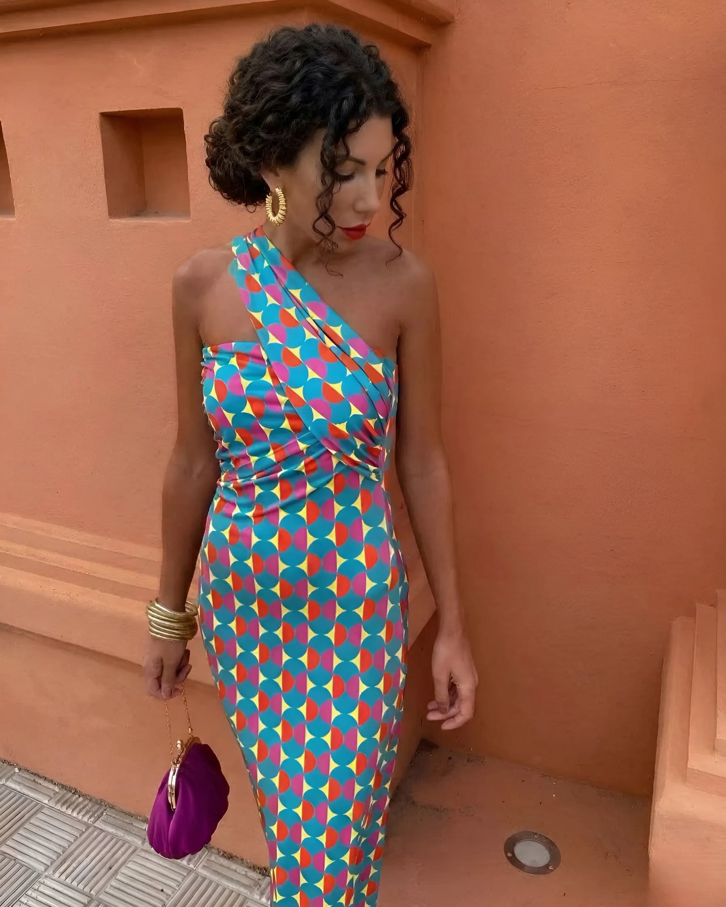 Vestido de Invitada de Boda Largo Elegante Estampado con Un Hombro