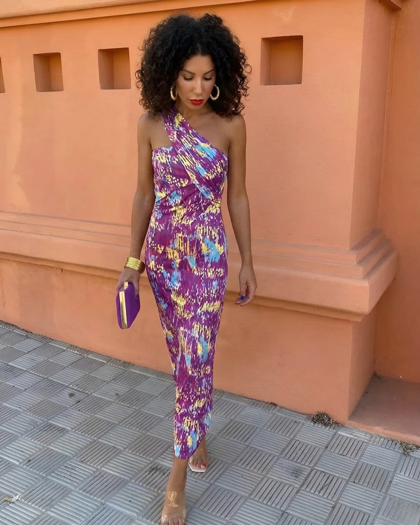 Vestido de Invitada de Boda Largo Elegante Estampado con Un Hombro