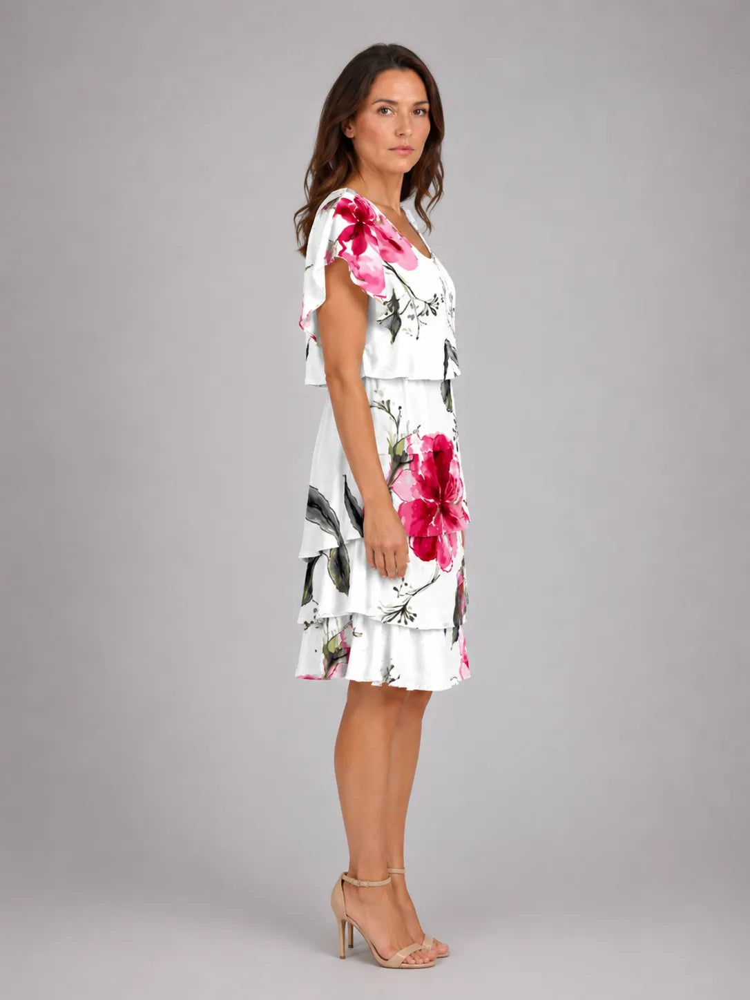 Vestido de Invitada de Boda Midi Elegante Estampado con Volantes