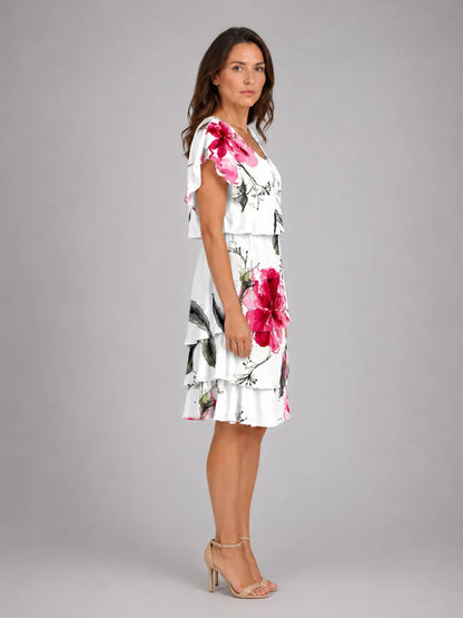 Vestido de Invitada de Boda Midi Elegante Estampado con Volantes