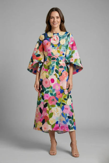 Vestido de Invitada de Boda Midi Elegante Floral con Manga Ancha