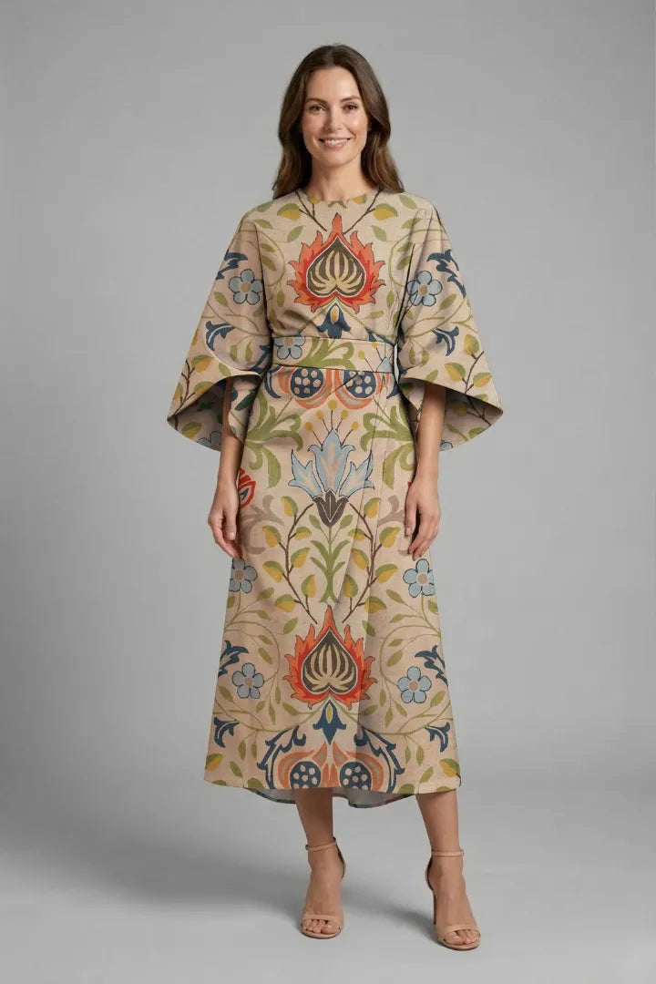 Vestido de Invitada de Boda Midi Elegante Floral con Manga Ancha