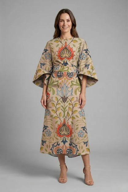 Vestido de Invitada de Boda Midi Elegante Floral con Manga Ancha