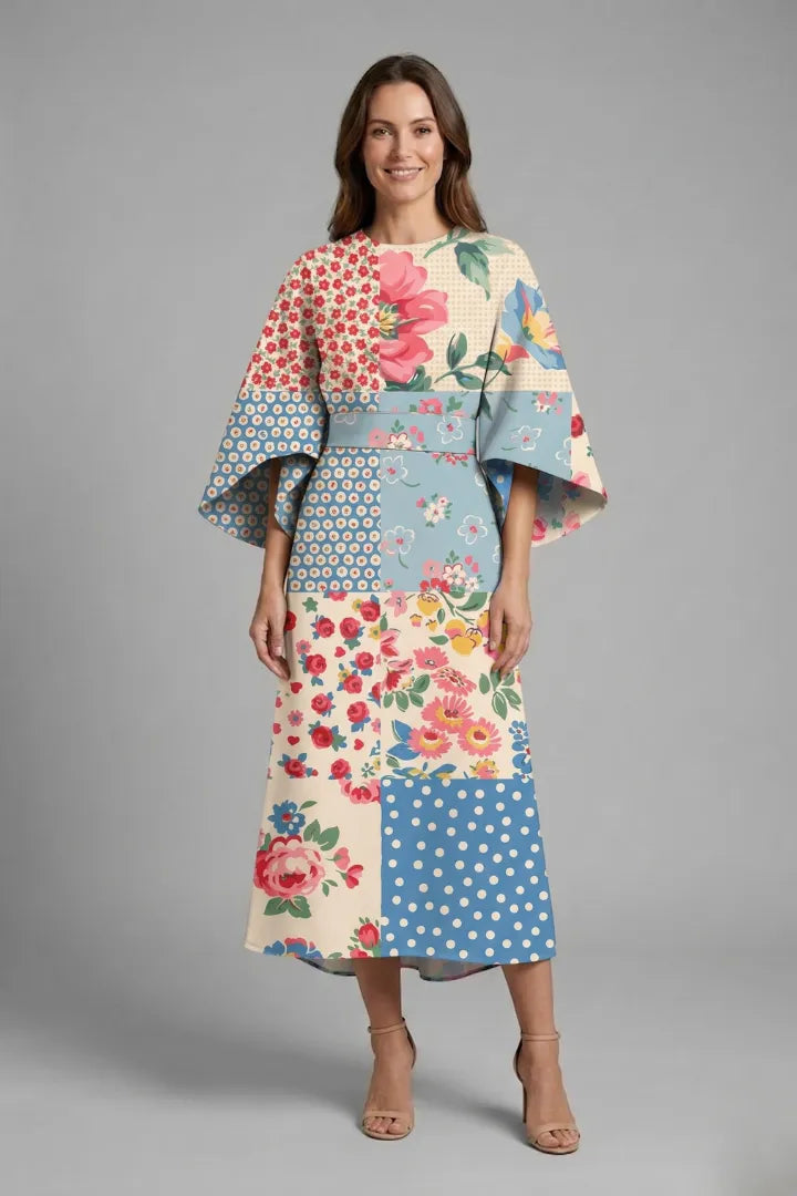 Vestido de Invitada de Boda Midi Elegante Floral con Manga Ancha