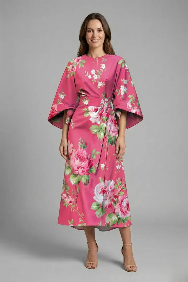 Vestido de Invitada de Boda Midi Elegante Floral con Manga Ancha