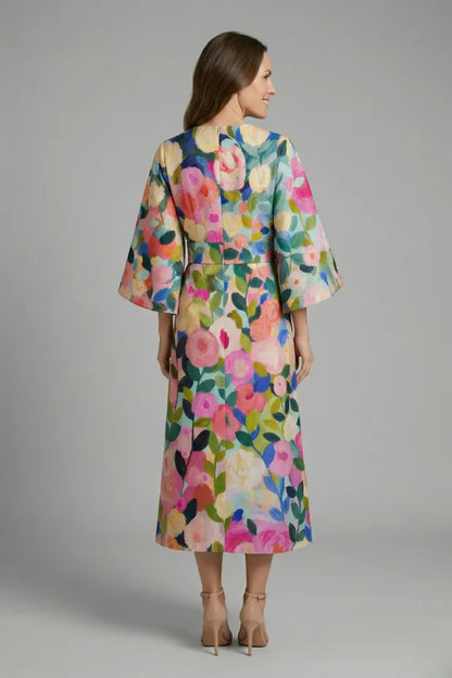 Vestido de Invitada de Boda Midi Elegante Floral con Manga Ancha