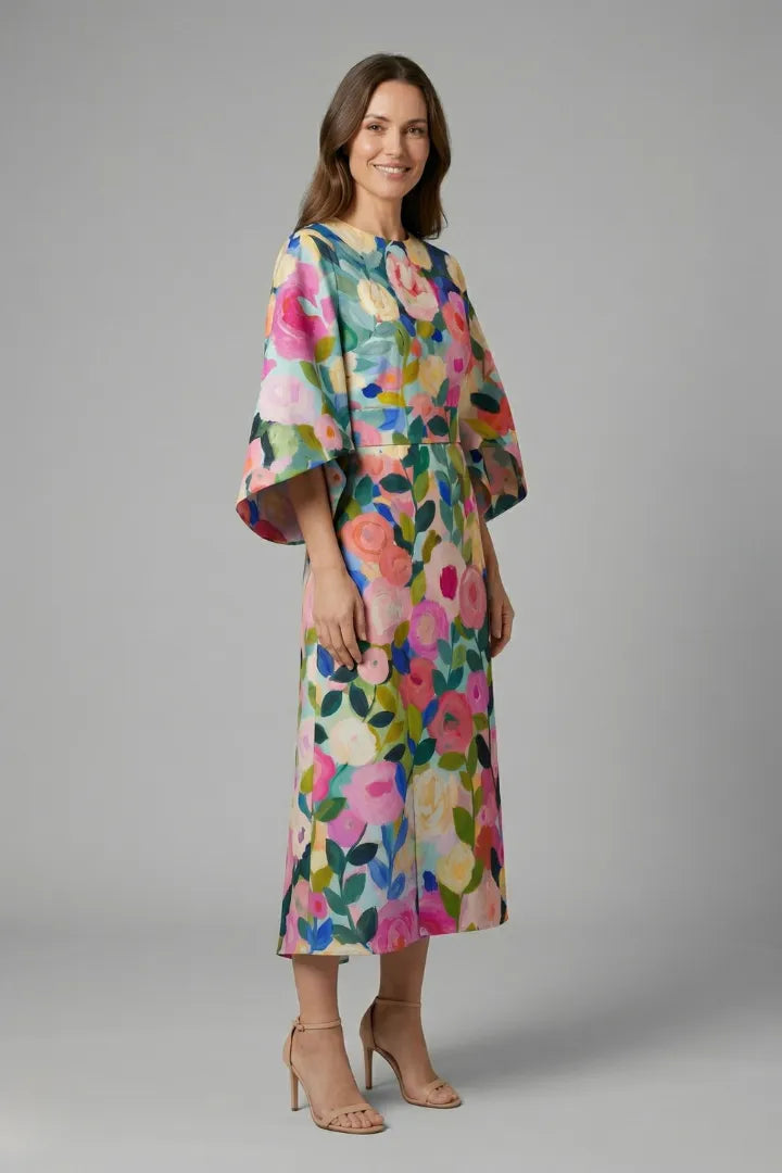Vestido de Invitada de Boda Midi Elegante Floral con Manga Ancha