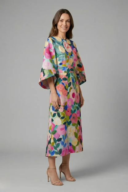 Vestido de Invitada de Boda Midi Elegante Floral con Manga Ancha