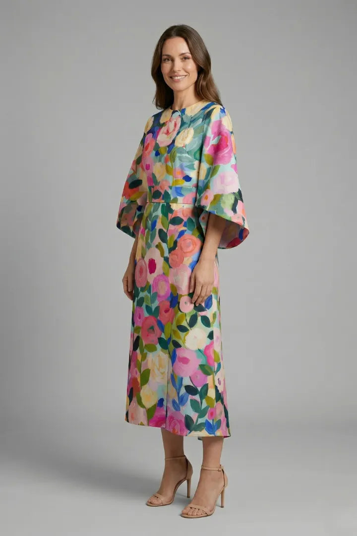 Vestido de Invitada de Boda Midi Elegante Floral con Manga Ancha