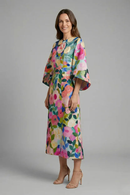 Vestido de Invitada de Boda Midi Elegante Floral con Manga Ancha