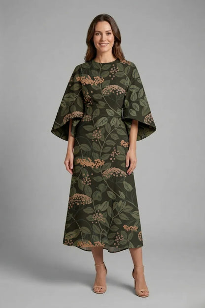 Vestido de Invitada de Boda Midi Elegante Floral con Manga Ancha