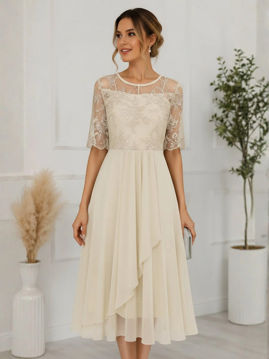 Vestido de Invitada de Boda Midi Elegante Flores con Cuello Redondo