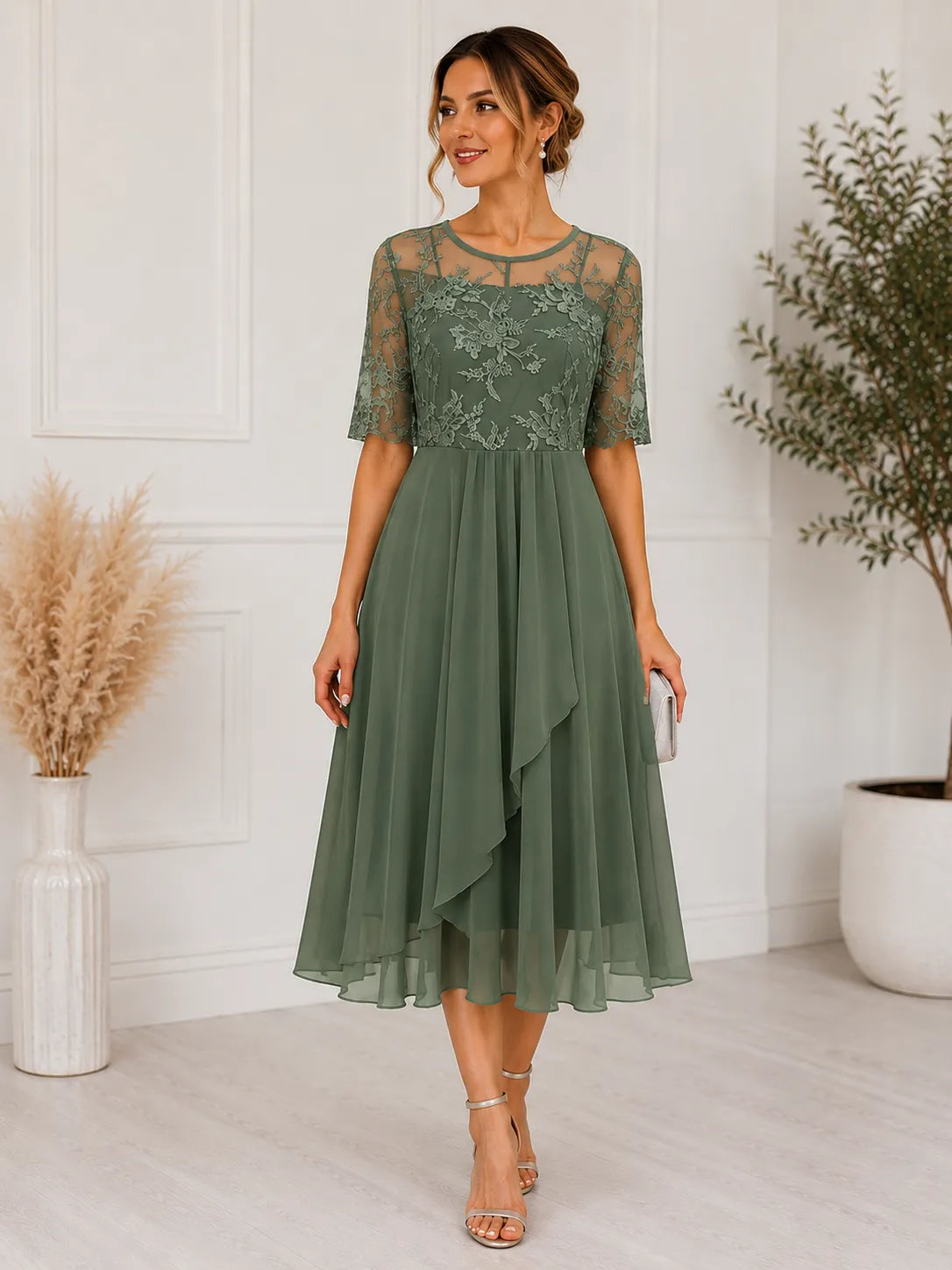Vestido de Invitada de Boda Midi Elegante Flores con Cuello Redondo