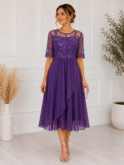 Vestido de Invitada de Boda Midi Elegante Flores con Cuello Redondo