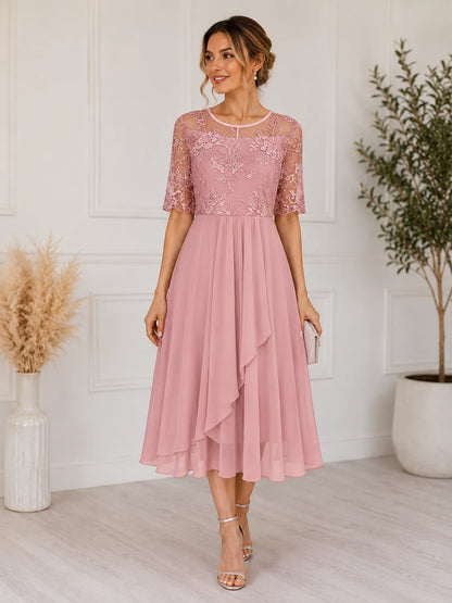 Vestido de Invitada de Boda Midi Elegante Flores con Cuello Redondo